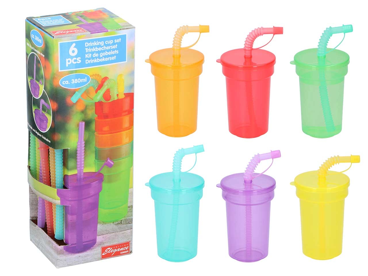 Set di 6 bicchieri colorati con cannuccia in polipropilene 390ml 8x12,3cm