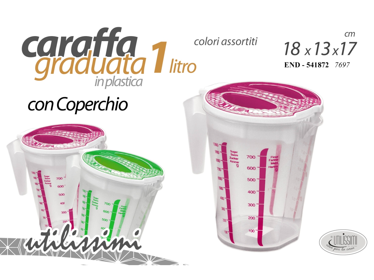 Brocca caraffa graduata con coperchio in plastica 1l 18x13x17cm -  disponibile in 2 colori