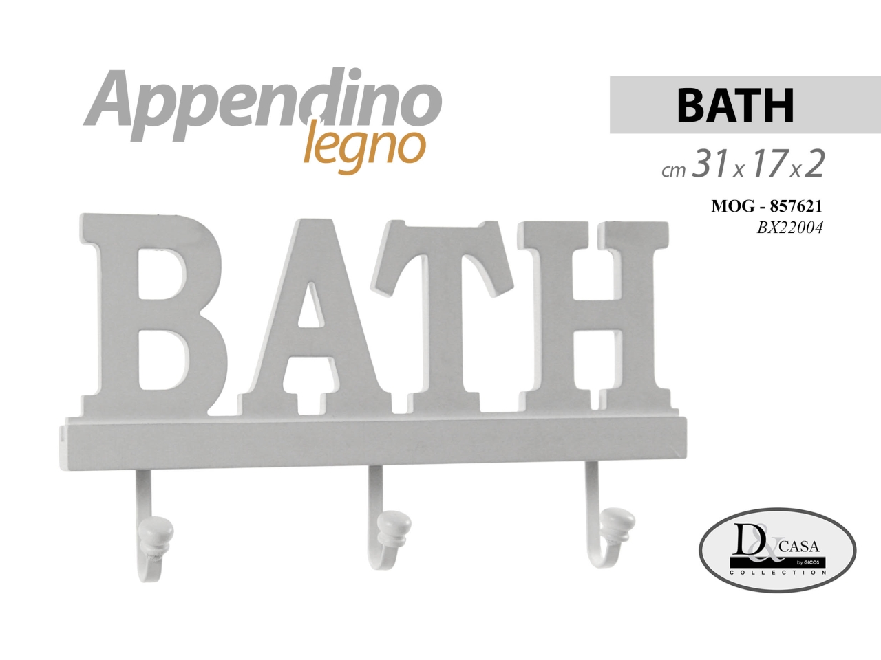 Appendino scritta bath con 3 ganci in mdf 31x17x2cm