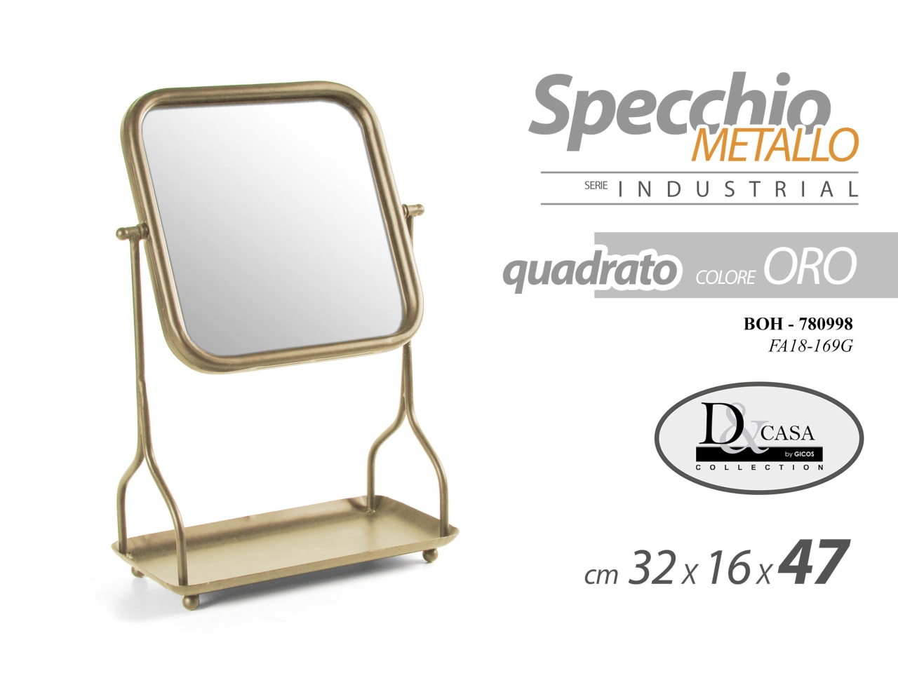 Specchio in metallo stile industrial quadrato color oro misura 32x16x47cm