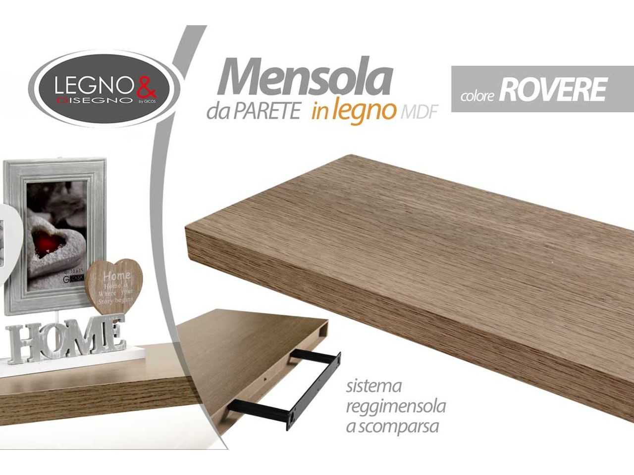 Mensola in legno da parete con applicazione scritta home in metallo  50x10x17cm