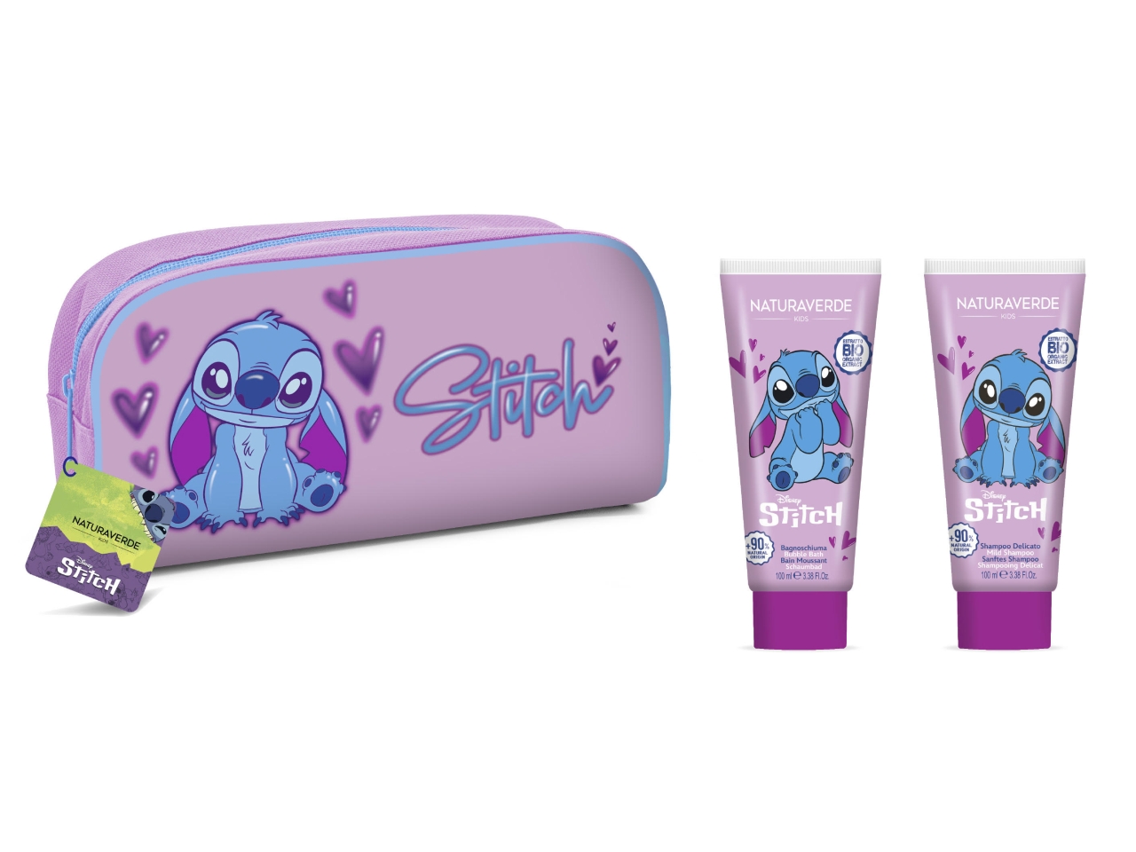 Beauty case set regalo di stitch contenente 1 shampoo da 100ml, 1  bagnoschiuma da 100ml e un beauty case misure 22,5x12,5x6cm